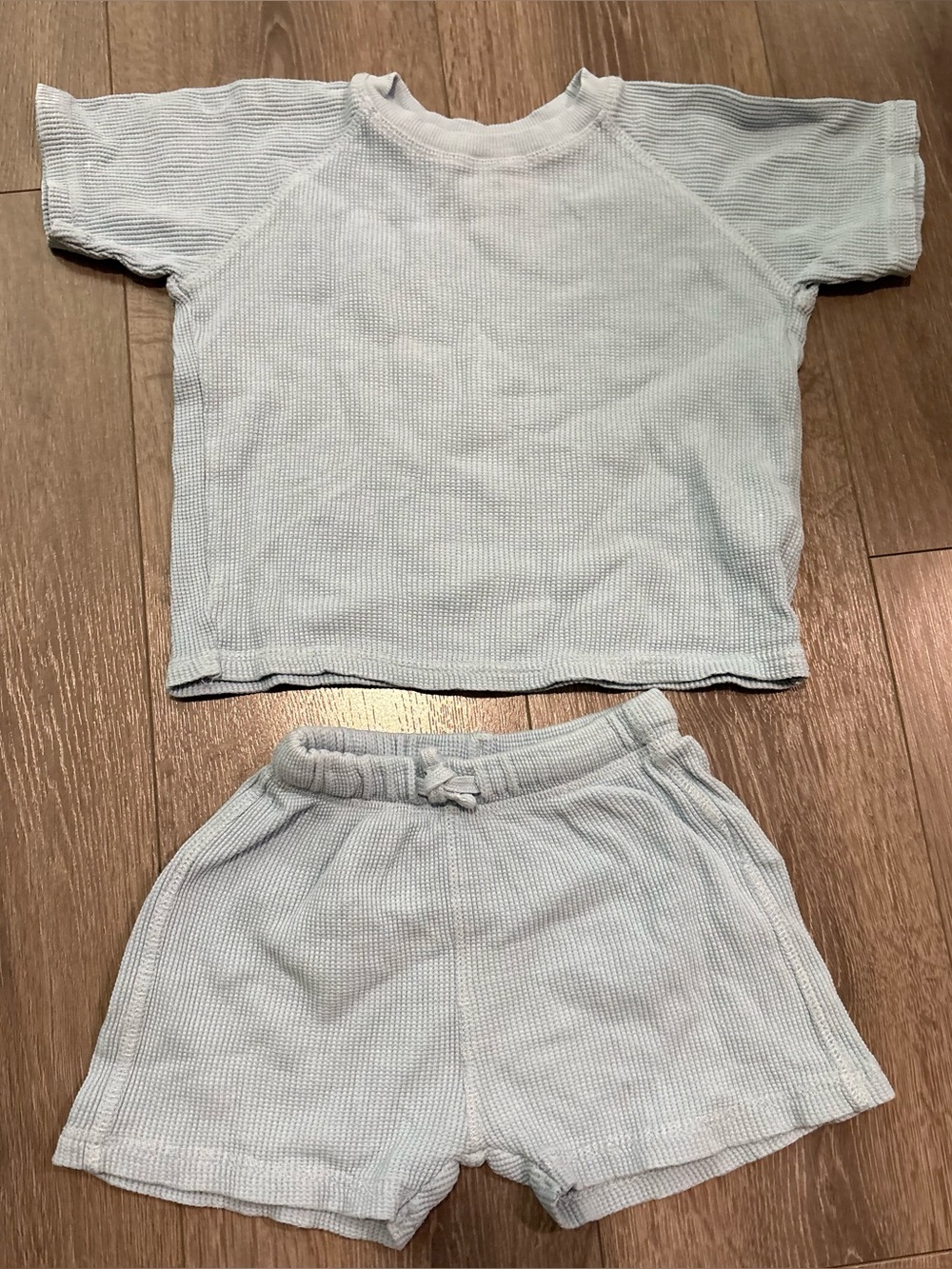 Zara Light Blue Waffle Short Sleeve Top & Shorts Set